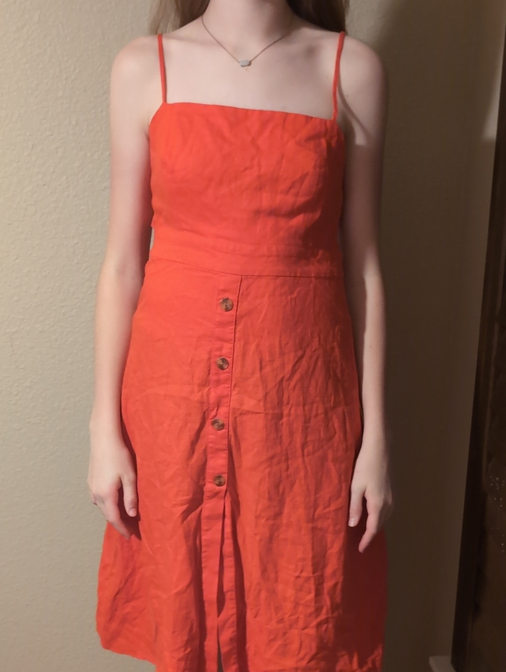 FARM Rio Orange Spaghetti-Strap Midi Dress with Front Buttons